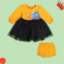 MINIKLUB Girls Orange & Black Printed Full Sleeves Dress with Bloomers-image-73