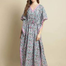 Secret Wish Blue Floral Print Kaftan Nighty-image-70