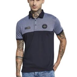 Octave Blue Cotton Regular Fit Colour Block Polo T-Shirt-image-44