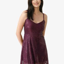 RAREISM Maroon Nylon Embellished Sleeveless Dress-picture-42