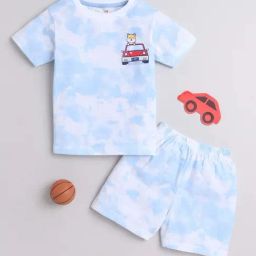 Bumzee Kids White & Blue Cotton Printed T-Shirt Set-image-70