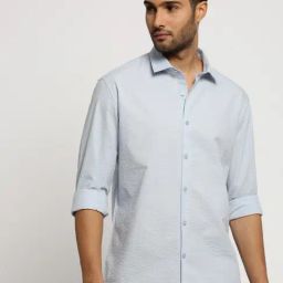 SHOWOFF Cloud Blue Cotton Slim Fit Self Pattern Shirt-image-19