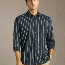 Louis Philippe Navy Cotton Slim Fit Striped Shirt-picture-15
