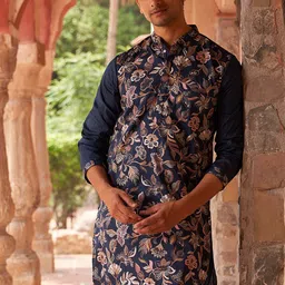 Jompers Men Floral Embroidered Thread Work Silk Kurta-picture-29