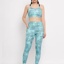 Clovia Blue Polyester Geometric Print Sports Bra With Tights-image-55