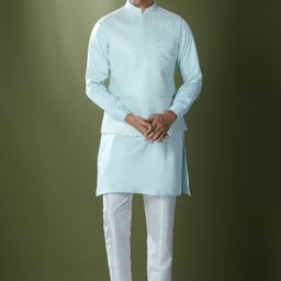 RNG Safawala Men Floral Regular Thread Work Dupion Silk Kurta with Trousers image 3