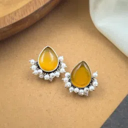 NAMAN ARTS Silver-Plated Artificial Stones Studded & Beaded Teardrop Shaped Oxidised Studs-25