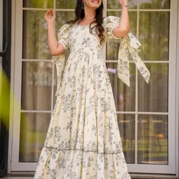 Happy Design Floral Print Puff Sleeve With Tie-Up details Layered Maxi Dress-picture-33