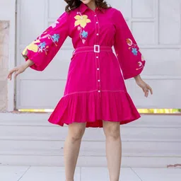 Zolo Label Women Pink Cotton Embroidered Mini Shirt Dress with Collar & 3/4th Sleeves-picture-19