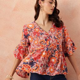 all about you Floral Print Puff Sleeve Crepe Peplum Top-picture-15