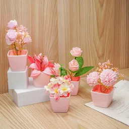 Ekhasa Pink 5 Pieces Artificial Flower With Pot-image-26