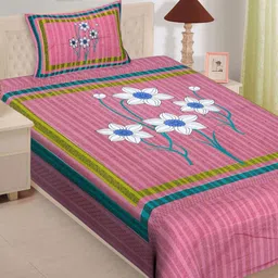 POORAK Pink & White Jaipuri Print 104 TC Single Bedsheet with 1 Pillow Covers-image-126