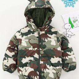Babyhug Full Sleeves Woven Hooded Padded Jacket Dino Print - Green-image-19