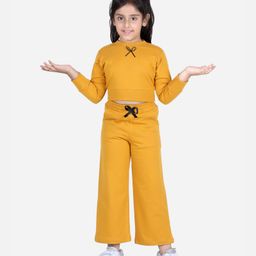 Aww Hunnie Full Sleeves Crop Top & Pajama Set - Mustard Yellow-image-44