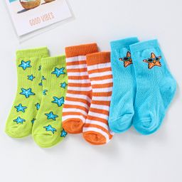 Cute Walk by Babyhug Anti Bacterial Ankle Length Non Terry Striped Socks Star Print Pack of 3 - Blue Green-image-9