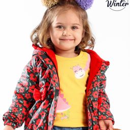Babyoye Full Sleeves Hooded Jacket with Polar Fleece Floral Print- Red-image-51