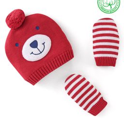 Babyhug 100% Organic Cotton Knit Woolen Caps and Mittens Set With Pompom & Bear Applique - Red-picture-8