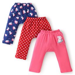 Babyhug Cotton Knit Full Length Bunny Print Diaper Pants Pack of 3 - Red Blue & Pink-image-73