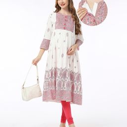 Bella Mama Woven Three Fourth Sleeves Highlighted Yoke Maternity Kurta With Floral Print - Off White-image-101