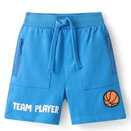 Babyhug Cotton Looper Knit Shorts with Basketball Patch & Text Print - Blue-image-45