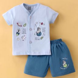 Cucumber Cotton Half Sleeves Night Suit With Astronaut Print - Powder Blue-image-29