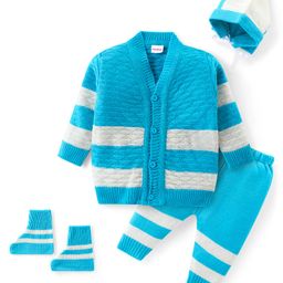 Babyhug Knit Full Sleeves Striped Sweater Set with Cap & Socks - White & Blue-image-53