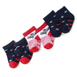 Cute Walk by Babyhug Anti Skid Ankle Length Antibacterial Knitted Striped & Aeroplane Design Socks Pack Of 3 - Blue & Red-picture-29