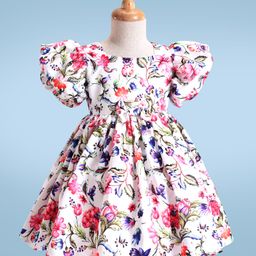 Babyhug Woven Half Puffed Sleeves Party Dress With Floral Print - White-image-20