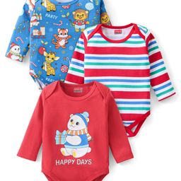 Babyhug 100% Cotton Interlock Full Sleeves Striped Onesies Animal Print Pack of 3 - Red & Blue-image-68