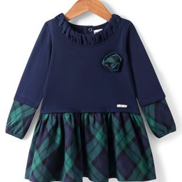 ToffyHouse Cotton Woven Full Doctor Sleeves Frock With Checks Print & Applique - Navy Blue-image-16