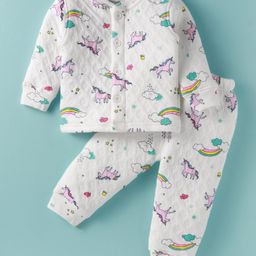 Doreme Terry Knit Full Sleeves Winter Night Suit with Unicorn Print - White-image-73