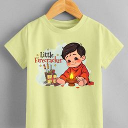 KNITROOT Diwali Theme Half Sleeves Little Firecracker Text Printed Tee - Yellow-picture-40