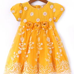 Babyhug Woven Half Puff Sleeves Ethnic Dress With Floral & Sequin Embroidery - Yellow-picture-20