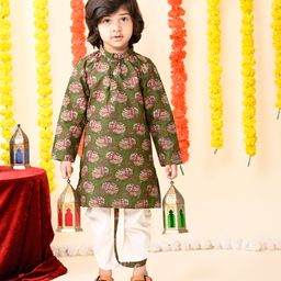 MoMaa Pure Cotton Full Sleeves Elephants Printed Dhoti Kurta Set - Green & White-image-61