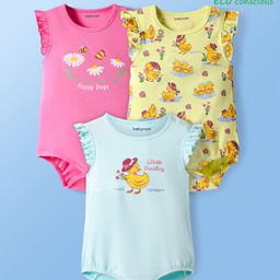 Babyoye Eco Conscious 100% Cotton Knit Frill Sleeves Onesies With Duck Print Pack of 3 - Yellow Pink & Mint-image-65