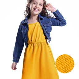 Hola Bonita Cotton Woven Solid Dress & Full Sleeves Denim Jacket - Mustard & Blue-image-99
