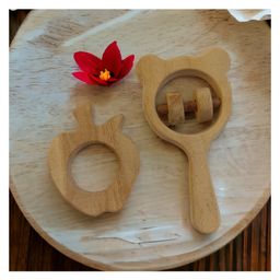 neemtoys Beautiful Combo of Neem Wooden Rattle & Teether - Mickey Head Rattle & Apple Teether-10