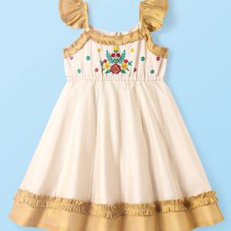 Babyhug South Cotton Woven Frill Sleeves Ethnic Dress with Floral Embroidery - Off White-picture-40
