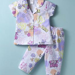 Smarty Girls Sinker Knit Half Sleeves Front Open Co-ords Night Suit with Floral & Hearts Print - White-image-68