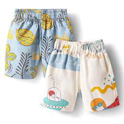 Rikidoos Cotton Pack Of 2 Leaves & Spaceship Printed Boxers - Light Blue & White-image-94