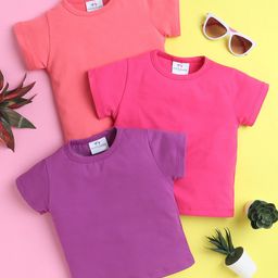 Knitting Doodles Pure Cotton Pack Of 3 Half Sleeves Solid Tee - Pink Purple & Dark Pink-image-33