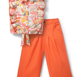 Arias Rayon Woven Sleeveless Printed Shirt & Pant Set With Ruffle Detailing - Orange-image-54