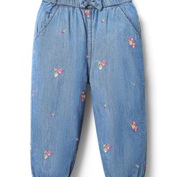 Babyhug Full Length Denim Jeans with Stretch Bow Applique & Floral Embroidery - Blue-image-54