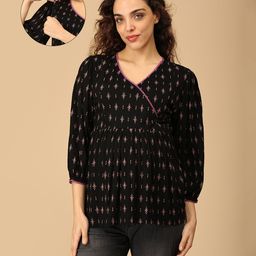 The Mom Store Cotton Three Fourth Sleeves Abstract Motifs Embroidered Sequins Embellished Maternity Top With Nursing Access - Black-picture-11