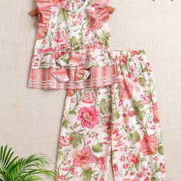 The Magic Wand Cotton Woven Frill Sleeves Floral Printed Lace Embellished Top With Coordinating Palazzo Set - Off White-picture-37