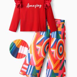 OLLINGTON ST. Cotton Knit Full Sleeves Top with Amazing Text Print & Abstract Print Pleated Georgette Culottes - Red & Orange-image-33