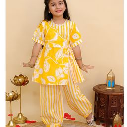 AJ Dezines Cotton Woven Half Sleeves Floral Printed & Gotta Lace Embellished Kurti Pant Set - Yellow-image-2