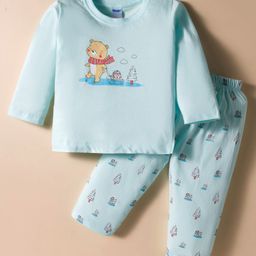 Tango Single Jersey Knit Full Sleeves Night Suit with Bear Print - Aqua-picture-41