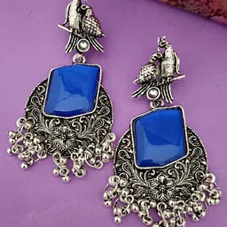 EVY Monalisa Silver-Plated CZ Stones Studded Contemporary Shaped Oxidized Drop Earrings-5