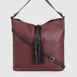 Caprese Burgundy Animal Textured Oversized Structured Hobo Bag with Fringed Detail-3